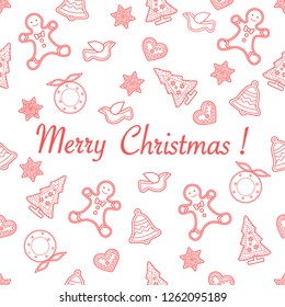 Seamless pattern with christmas and new year symbols. Christmas trees, Christmas wreath, gingerbread man, birds, bells, stars, hearts.