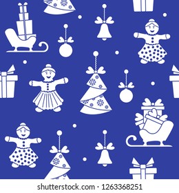 Seamless pattern with christmas and new year symbols. Christmas trees origami, gingerbread man, bells, balls, sledges, gifts.
