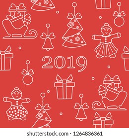 Seamless pattern with christmas and new year symbols. Christmas trees origami, gingerbread man, bells, balls, sledges, gifts.