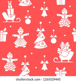 Seamless pattern with christmas and new year symbols. Christmas trees origami, gingerbread man, bells, balls, sledges, gifts.