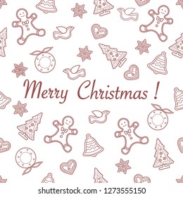 Seamless pattern with christmas and new year symbols. Christmas trees, Christmas wreath, gingerbread man, birds, bells, stars, hearts.