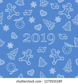 Seamless pattern with christmas and new year symbols. Christmas trees, Christmas wreath, gingerbread man, birds, bells, stars, hearts.