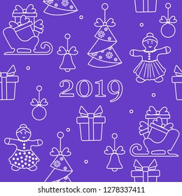 Seamless pattern with christmas and new year symbols. Christmas trees origami, gingerbread man, bells, balls, sledges, gifts.