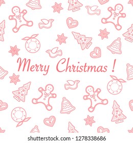 Seamless pattern with christmas and new year symbols. Christmas trees, Christmas wreath, gingerbread man, birds, bells, stars, hearts.