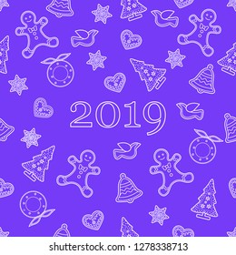 Seamless pattern with christmas and new year symbols. Christmas trees, Christmas wreath, gingerbread man, birds, bells, stars, hearts.