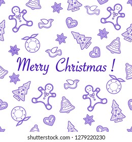 Seamless pattern with christmas and new year symbols. Christmas trees, Christmas wreath, gingerbread man, birds, bells, stars, hearts.