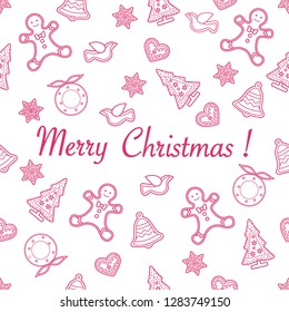Seamless pattern with christmas and new year symbols. Christmas trees, Christmas wreath, gingerbread man, birds, bells, stars, hearts.