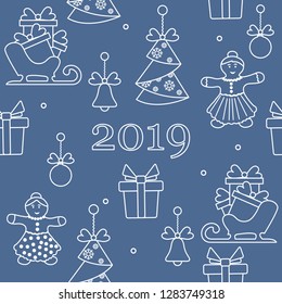 Seamless pattern with christmas and new year symbols. Christmas trees origami, gingerbread man, bells, balls, sledges, gifts.