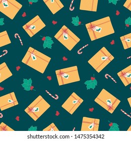 Seamless pattern with Christmas and new year gifts. Background with gift boxes in cartoon style for Wallpaper, textiles, fabric, paper. Vector illustration