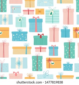 Seamless pattern with Christmas and new year gifts on white background. Background with gift boxes in cartoon style for Wallpaper, textiles, fabric, paper. Vector illustration