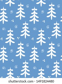 Seamless pattern with Christmas New Year fir-trees.  White fir trees on green background. Vector 