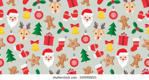 Seamless pattern of Christmas and New Year symbols. Gingerbread man, Santa Claus, deer, bell, candy, gift, ball, Christmas tree, mistletoe, gloves background. Vector illustration.