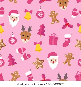 Seamless pattern of Christmas and New Year symbols. Gingerbread man, Santa Claus, deer, bell, candy, gift, ball, Christmas tree, mistletoe, gloves on pink background. Vector illustration.