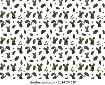 Seamless pattern for Christmas and New Year from hand-drawn bells, leaves and berries of mistletoe on a white background in scandinavian style.  Vector.