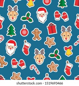 Seamless pattern of Christmas and New Year symbols. Gingerbread man, Santa Claus, deer, bell, candy, gift, ball, Christmas tree, mistletoe, gloves pattern on blue background. Vector illustration.