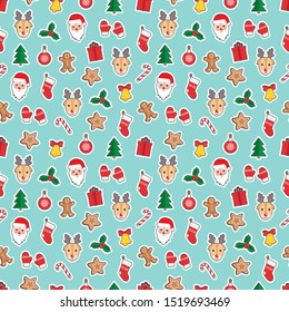 Seamless pattern of Christmas and New Year symbols. Gingerbread man, Santa Claus, deer, bell, candy, gift, ball, Christmas tree, mistletoe, gloves pattern on green background. Vector illustration.