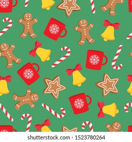 Seamless pattern of Christmas and New Year symbols. Gingerbread man, candy, cup, bell, star pattern. Vector illustration.
