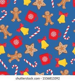 Seamless pattern of Christmas and New Year symbols. Gingerbread man, candy, cup, bell, star pattern. Vector illustration.