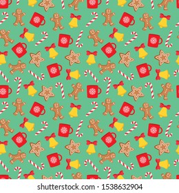 Seamless pattern of Christmas and New Year symbols. Gingerbread man, candy, cup, bell, star pattern. Vector illustration.