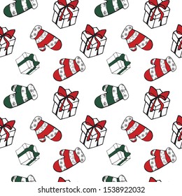 Seamless pattern for Christmas and New Year with drawings of gifts, mittens. To create a festive mood.