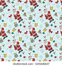 seamless pattern Christmas new year color and contour illustrations baby Doodle layout for Santa Claus design among gifts machines clocks Christmas balls vector EPS 10