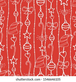 seamless pattern with Christmas and new year elements. red background. white contour shapes of Christmas tree, Christmas tree toys, stars and hearts
