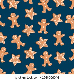 Seamless pattern of Christmas and New Year cookies. Gingerbread man pattern. Winter holiday background. Vector illustration