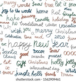 Seamless pattern with Christmas and New Year holidays calligraphy. Holiday phrases and words for using in banner, poster, greeting card or print on textile