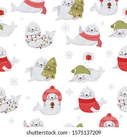 Seamless pattern for Christmas and New Year with cute seals. Vector cartoon doodle isolated background. Winter holidays, baby shower, birthday, children's party.