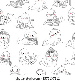 Seamless pattern for Christmas and New Year with cute seals. Vector cartoon doodle isolated background. Winter holidays, baby shower, birthday, children's party.