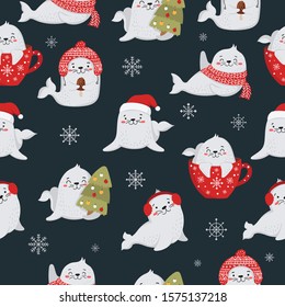 Seamless pattern for Christmas and New Year with cute seals. Vector cartoon doodle isolated background. Winter holidays, baby shower, birthday, children's party.