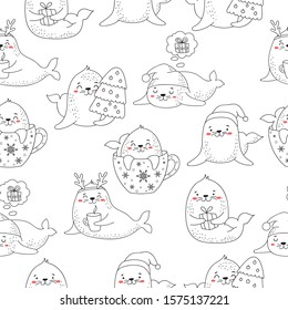Seamless pattern for Christmas and New Year with cute seals. Vector cartoon doodle isolated background. Winter holidays, baby shower, birthday, children's party.