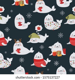 Seamless pattern for Christmas and New Year with cute seals. Vector cartoon doodle isolated background. Winter holidays, baby shower, birthday, children's party.