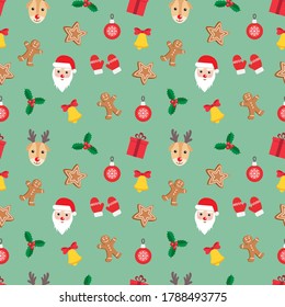 Seamless pattern of Christmas and New Year symbols. Gingerbread man, Santa Claus, deer, bell, candy, gift, ball, Christmas tree, mistletoe, gloves pattern on green background. Vector illustration.