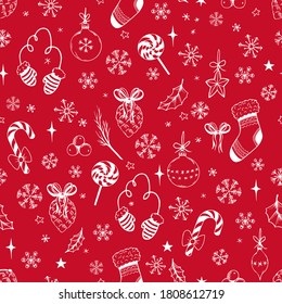 Seamless pattern with Christmas and New Year decoration, balls, candies, socks and snowflakes. Vector doodle illustration.