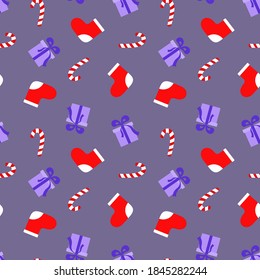 Nahtlose Muster für Weihnachts- und Neujahrsverpackungen. Vektorgrafik Nahtloser Hintergrund mit Weihnachtssocken, Geschenken, Lollipop. Feierlichkeiten mit Symbolen für Design.