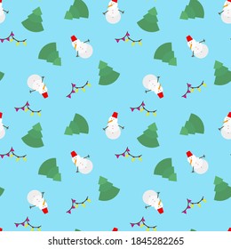 Nahtlose Muster für Weihnachts- und Neujahrsverpackungen. Vektorgrafik Nahtloser Hintergrund mit süßen Tannenbäumen, Schneemann, Gartenlandschaft. Feierlichkeiten mit Symbolen für Design.