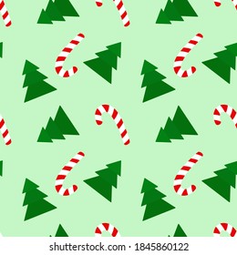 Nahtlose Muster für Weihnachts- und Neujahrsverpackungen. Vektorgrafik Nahtloser Hintergrund mit süßen Tannenbäumen und Lollipop. Feierlichkeiten mit Symbolen für Design.