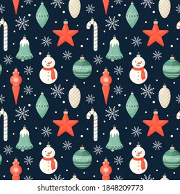 Seamless pattern with Christmas and New Year decorations on a dark blue background.