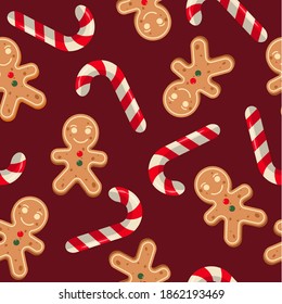 Seamless pattern of Christmas and New Year symbols. Gingerbread man, candy.