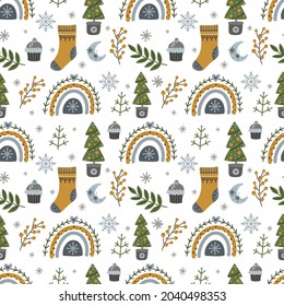Seamless pattern with Christmas and New Year with Christmas trees, rainbows and winter elements.