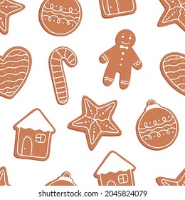 Seamless pattern of Christmas and New Year cookies. Pattern with gingerbread man, star, house, ball etc. Winter holiday background. Vector illustration