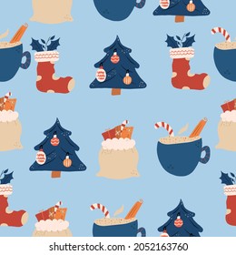 Seamless pattern for Christmas and New Year with different elements. Vector illustration in flat style