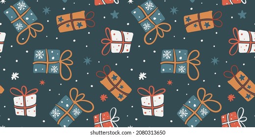patrón impecable con regalos de Navidad y Año Nuevo, copos de nieve en colores acogedores. Feliz Año Nuevo y Feliz Navidad
