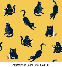 Seamless pattern with Christmas and New Year black cats, garland, mistletoe, candle 