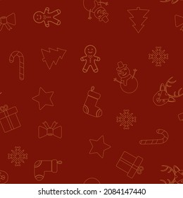 nahtloses Muster für Weihnachten und Neujahr auf rotem Hintergrund. Weihnachtsmuster für Verpackungspapier, Textilien, Tapeten. Goldene Silhouetten eines Schneemanns, Tannenbäume, Schneeflocken. Urlaubselemente