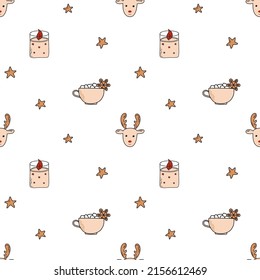 Seamless pattern for Christmas and New year with different cozy details: cup with cookie, candle, stars and deer. Beautiful pattern for gift wrapping paper, greeting cards