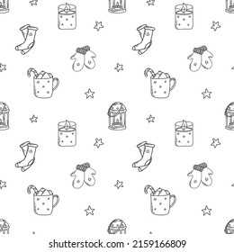 Seamless pattern for Christmas and New year on a white background with cup, mittens, socks, candle, stars, lantern. Beautiful pattern for gift wrapping paper, greeting cards