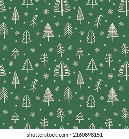 Seamless pattern for Christmas and New Year. Hand-drawn vector illustration of trees and snowflakes in beige on a green background.