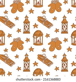 Seamless pattern for Christmas and New year in gold color with different cozy details. Beautiful pattern for gift wrapping paper, prints